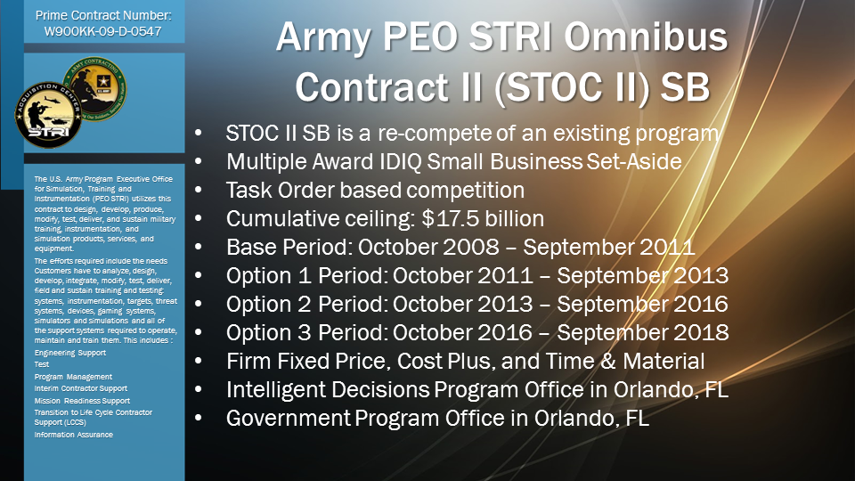 Army PEO STRI Omnibus Contract II (STOC II) SB