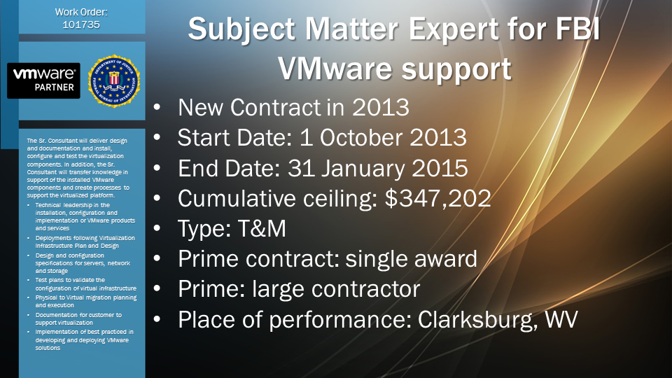 Subject Matter Expert for FBI VMware support